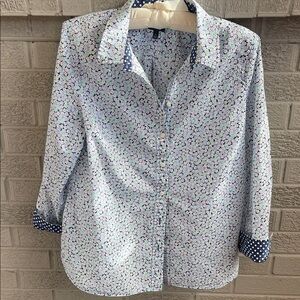 Talbots Blue Floral Shirt with Polka Dot Collar and Cuffs- size LP